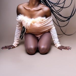 Pink Feather Bodysuit, Bandage material, mesh sleeves